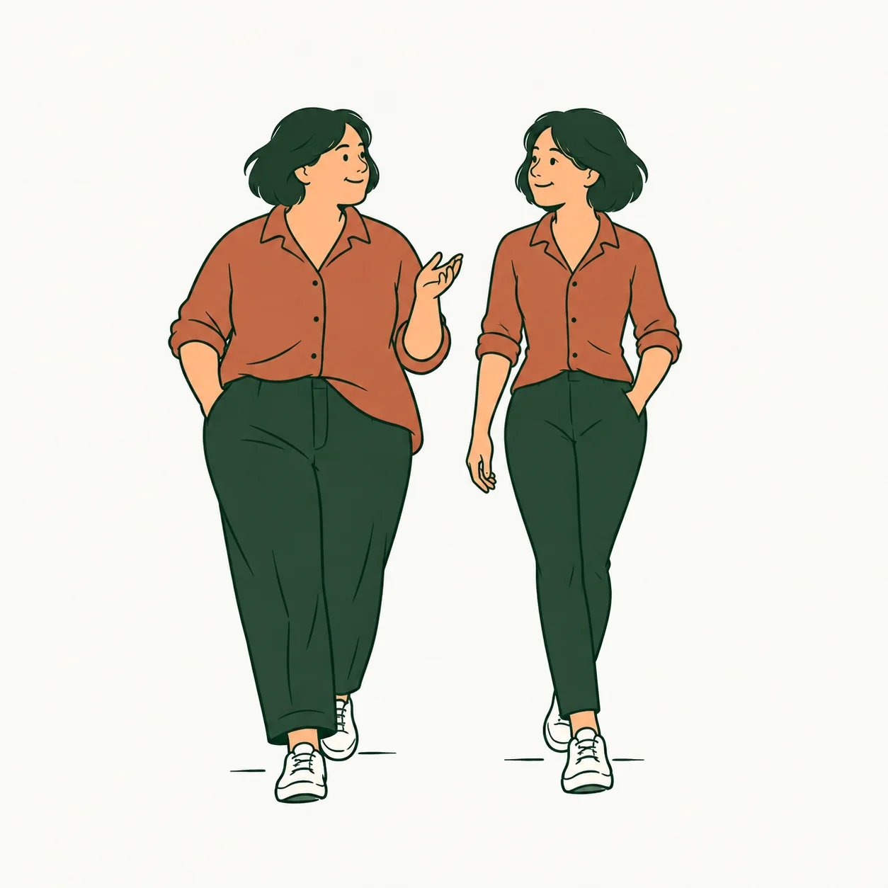 Illustration of Aiko Matsuda walking and chatting with an imagined version of herself, both wearing matching clothes.